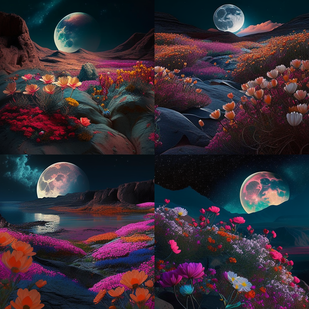 AI-generated moonscape with flowers in the foreground, Midjourney